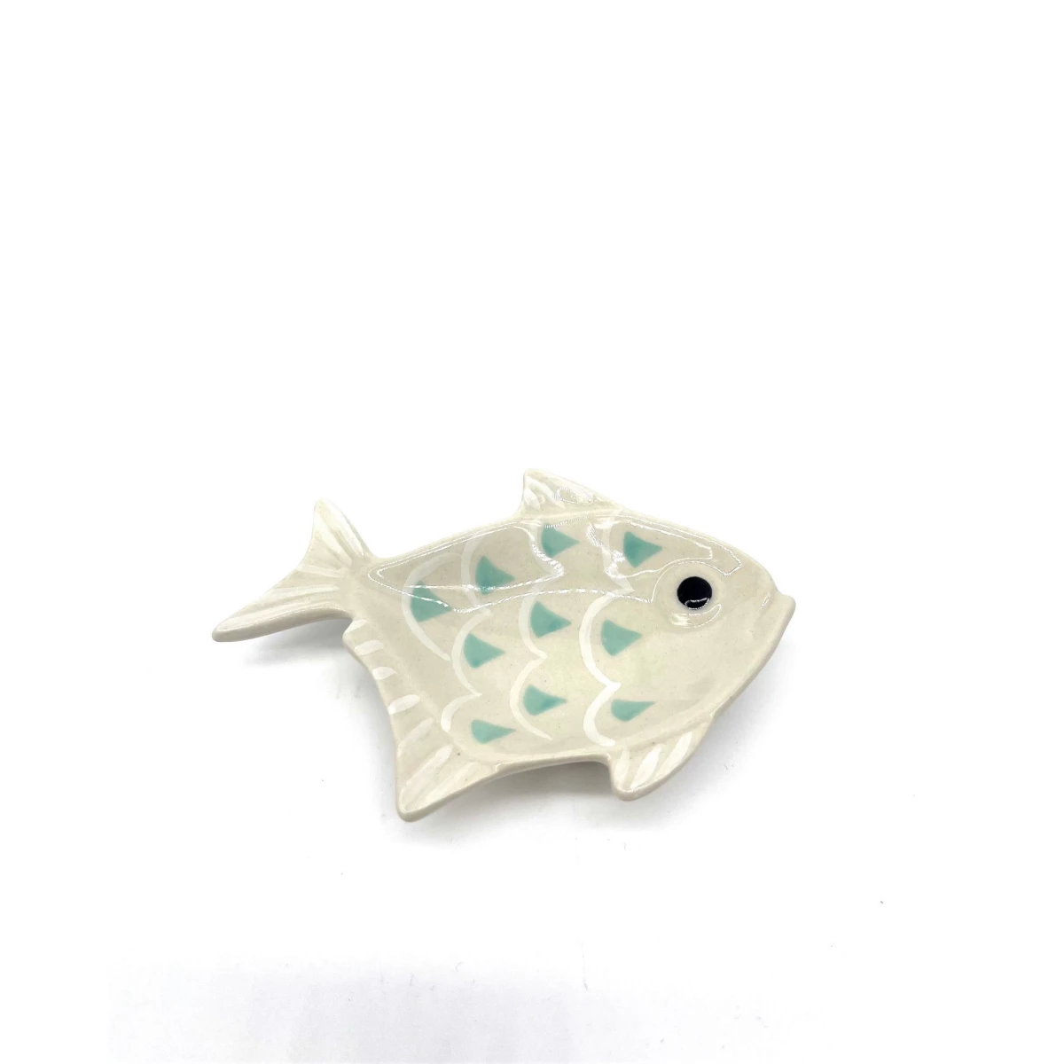 Mini Fisch Tellerchen rechts weiß mit türkis Dreiecken Mini Fisch Tellerchen rechts weiß mit türkis Dreiecken