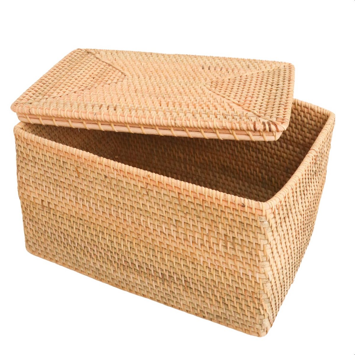 Aufbewahrungskorb mit Deckel – Regalkorb aus beigem Rattan – handgeflochtener Dekokorb GRAHA (2 Größen) Größe: M
