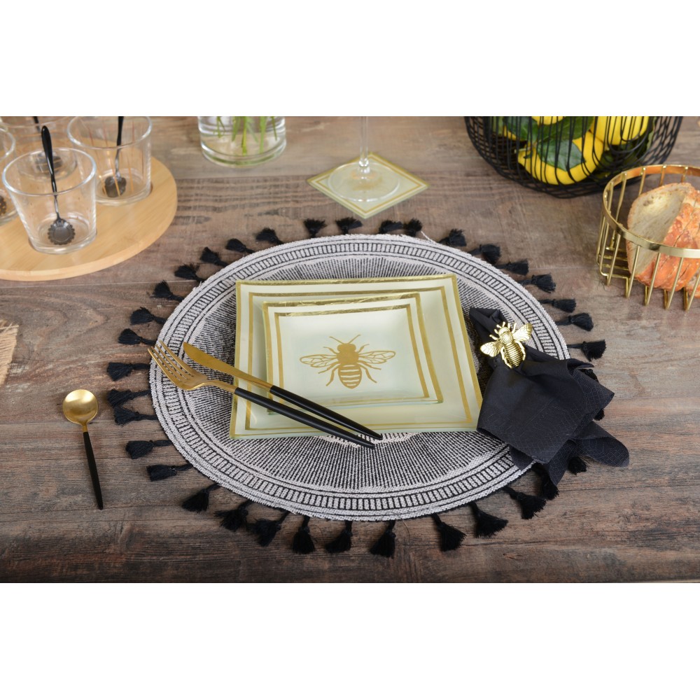 6 Jute Tischsets mit Bommel, schwarz/creme 6 Jute Tischsets mit Bommel, schwarz/creme