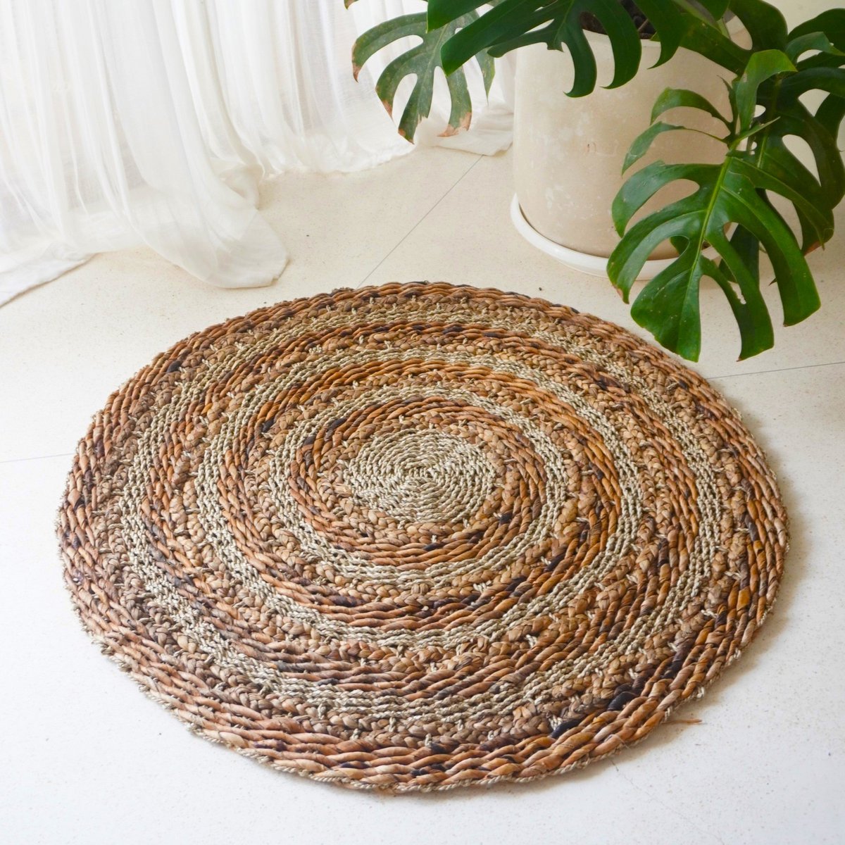 Teppich 100/120 cm mit Streifen Runder Pflanzenfaserteppich aus Bananenfasern, Seegras und Wasserhyazinthe Braun Beige Teppich POHON (2 Größen) Größe: 100 cm