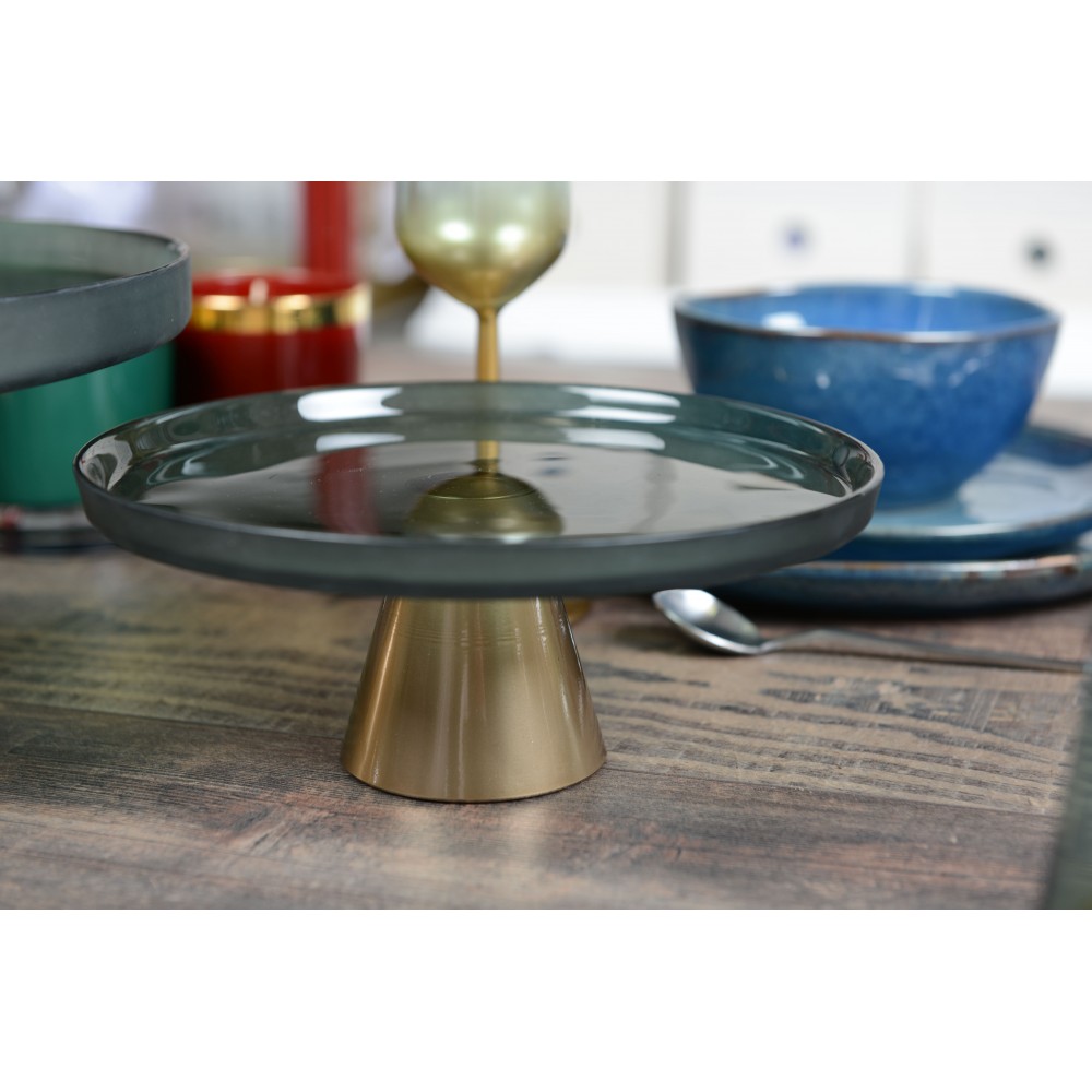 Aulica Tortenständer Glas, Grün mit Goldfuß, 28 cm