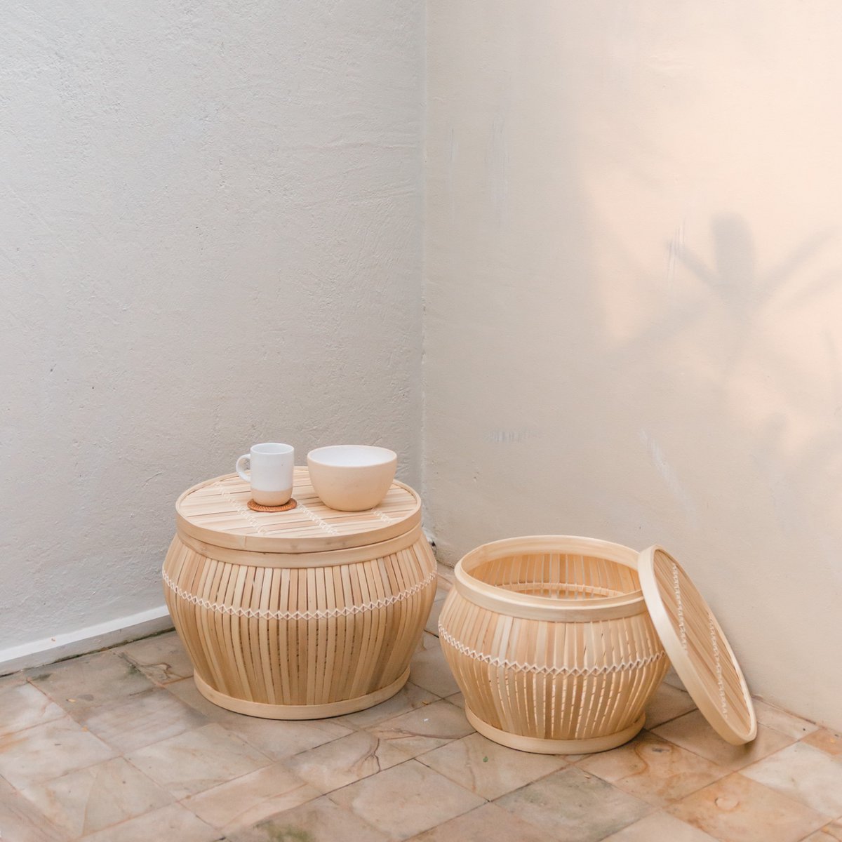 Beistelltisch | Couchtisch | Tischkorb BATAVIA aus Bambus (2 Größen) Größe: Set (M+L)