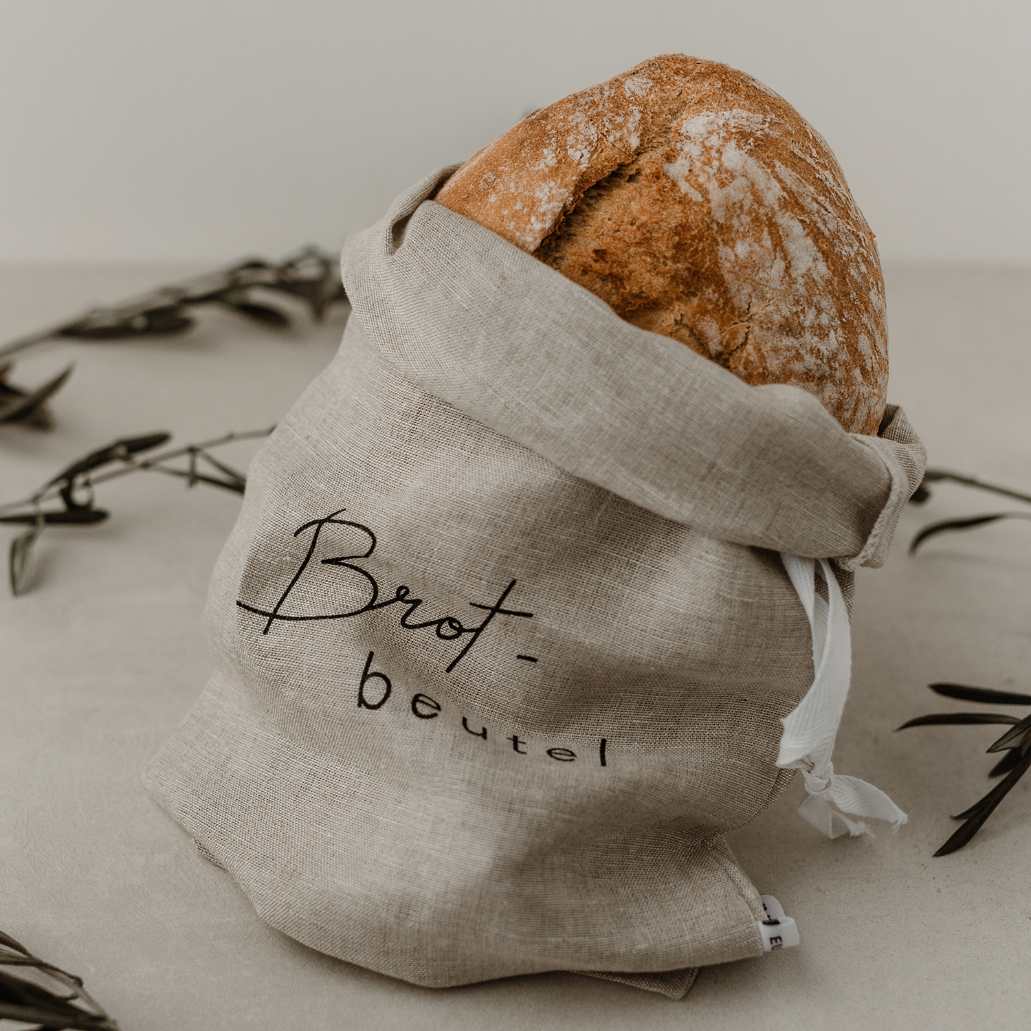 Eulenschnitt Brotbeutel aus Leinen schwarze Schrift Eulenschnitt Brotbeutel aus Leinen schwarze Schrift