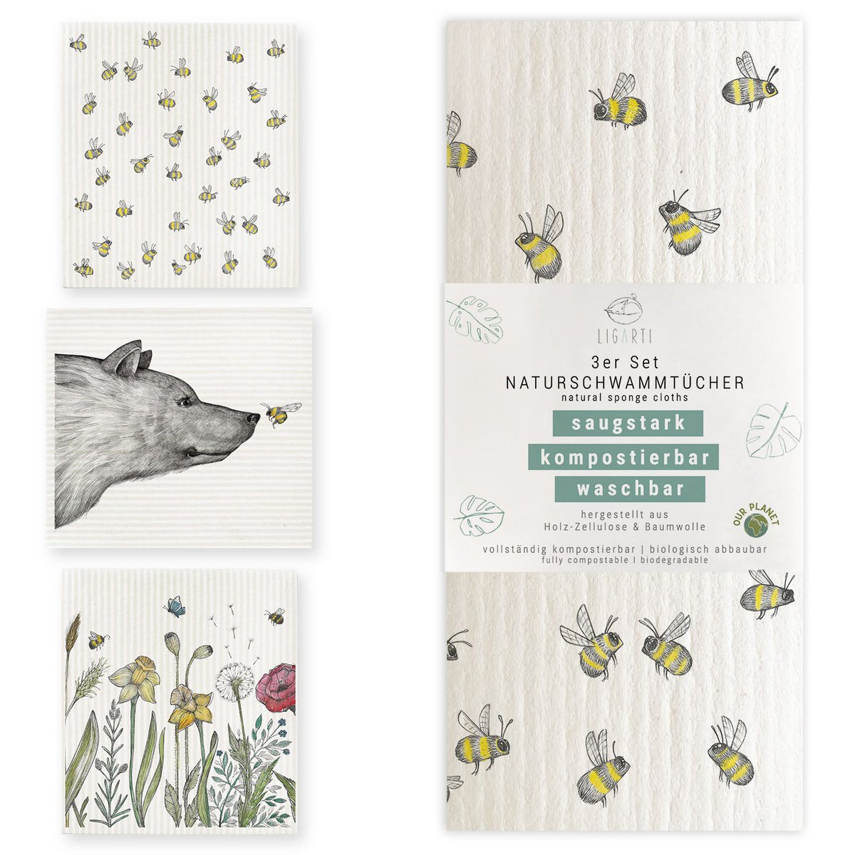 Schwammtuch 3er Set - Bienen und Blümchen Schwammtuch 3er Set - Bienen und Blümchen