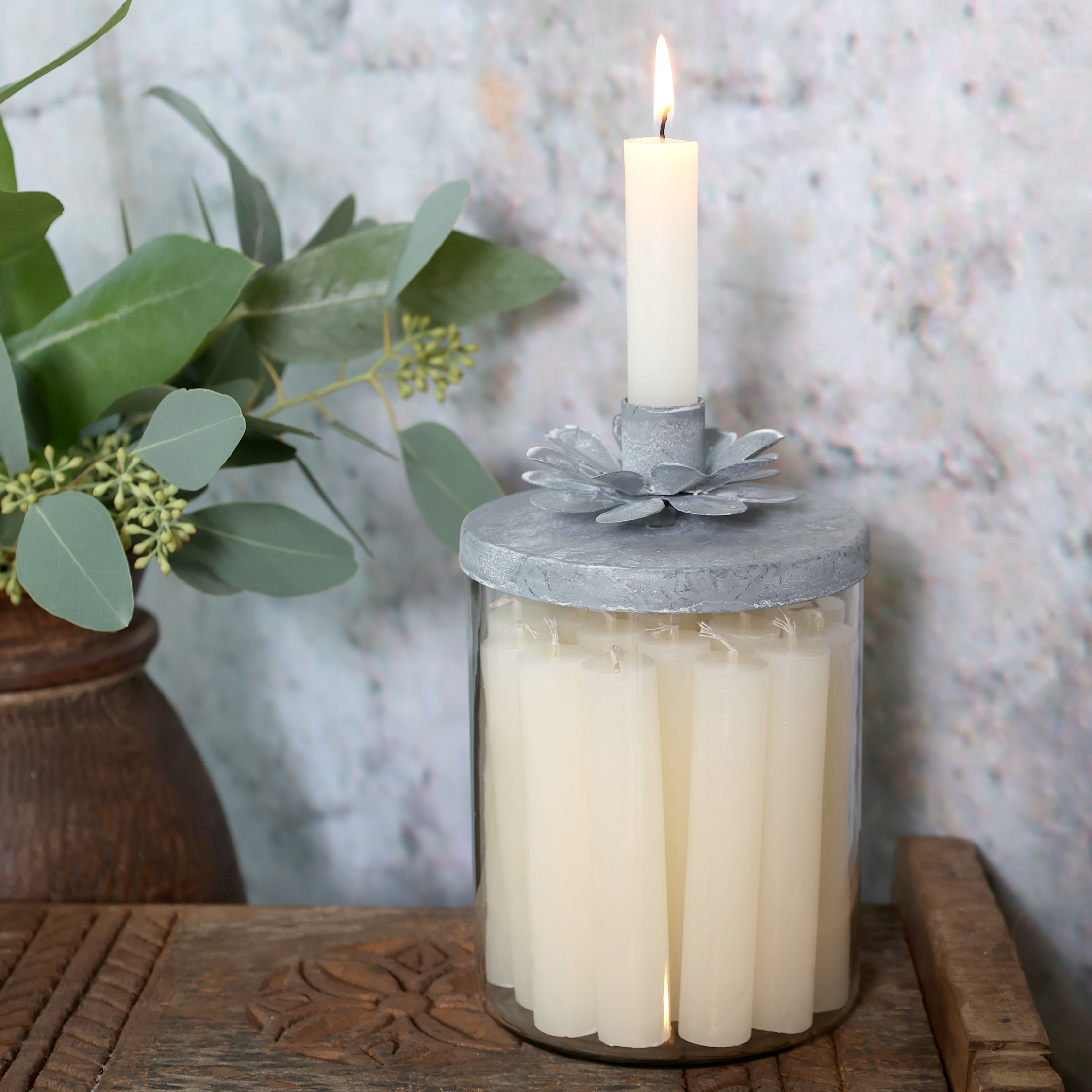 Kerzenglas mit Deckel antique zink