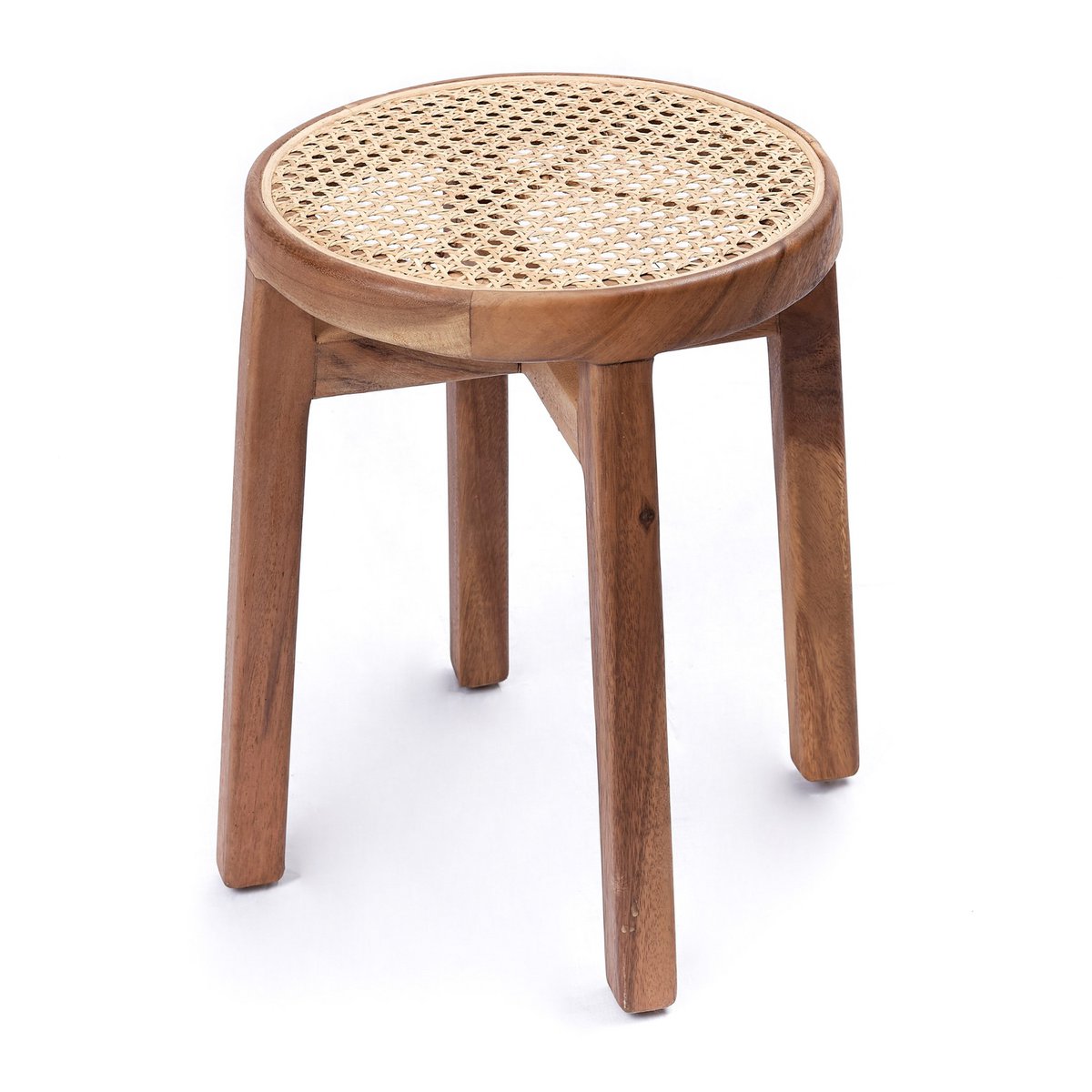 Holzhocker CARAMIN aus Trembesi mit einer Sitzfläche aus geflochtenem Rattan Holzhocker CARAMIN aus Trembesi mit einer Sitzfläche aus geflochtenem Rattan