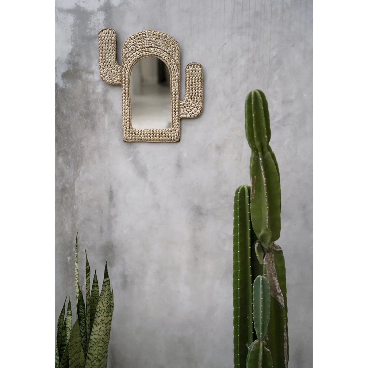 Der Kaktusspiegel aus Kaurimuscheln– Weiß