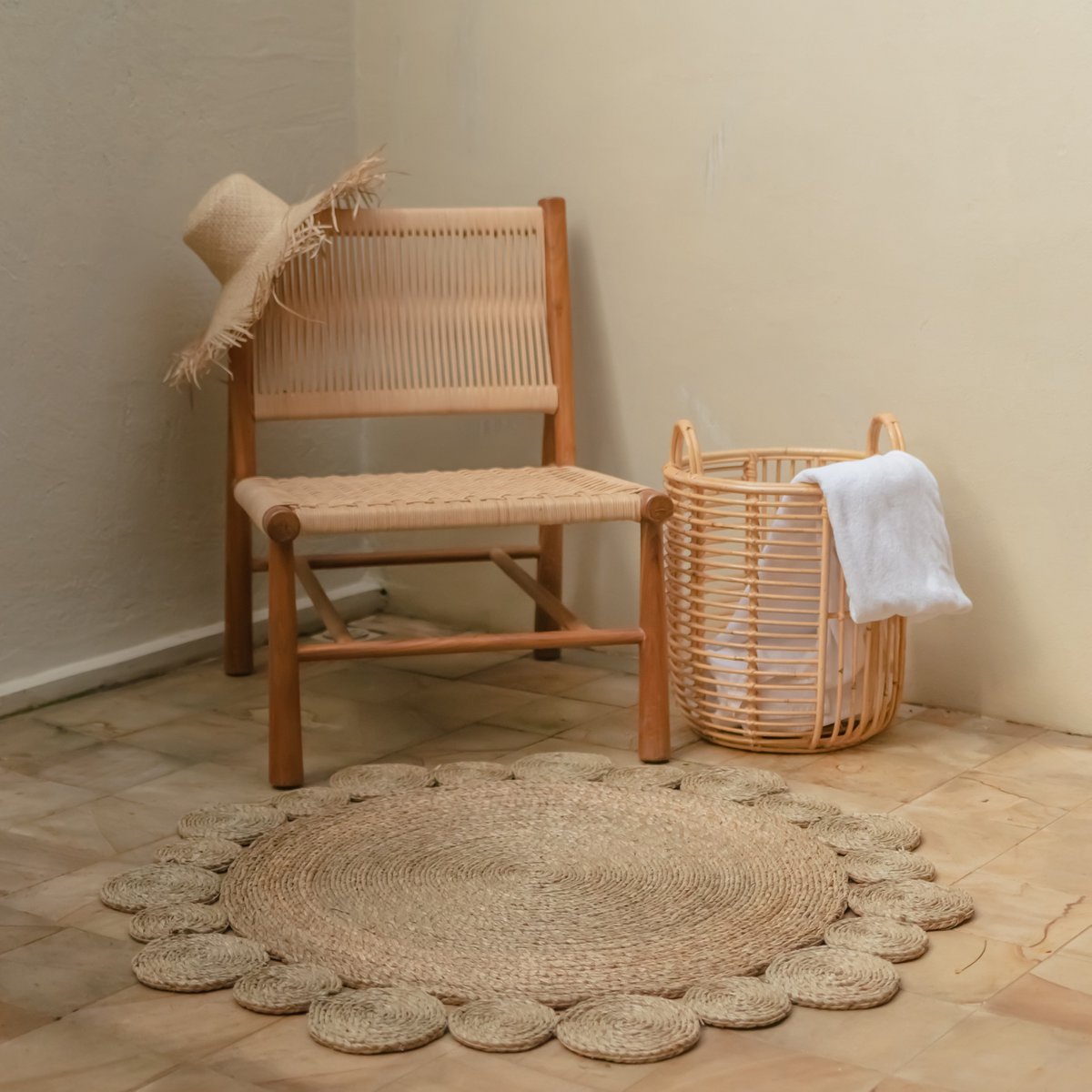 Runder Teppich aus Wasserhyazinthe 90/110 cm LAORA Webteppich Beige (2 Größen) Größe: 90 cm