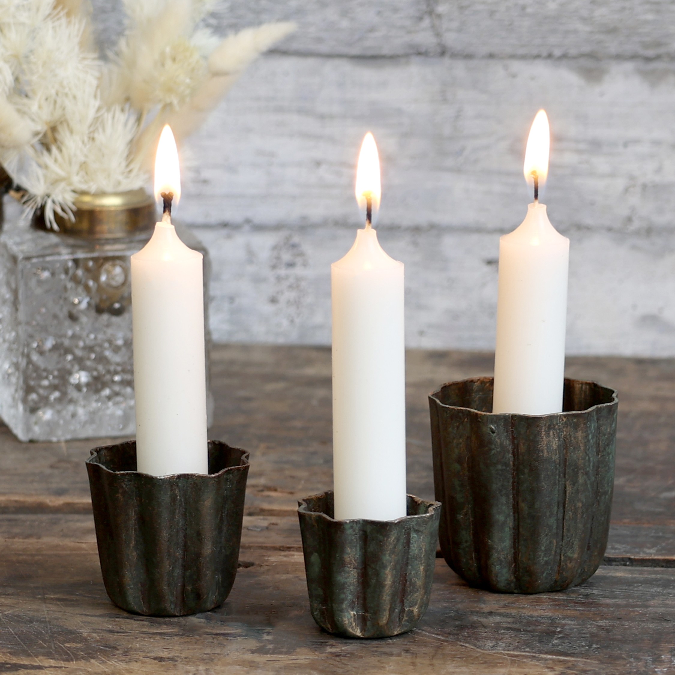 Kerzenhalter mit Rillen 3er Set , antique Messing